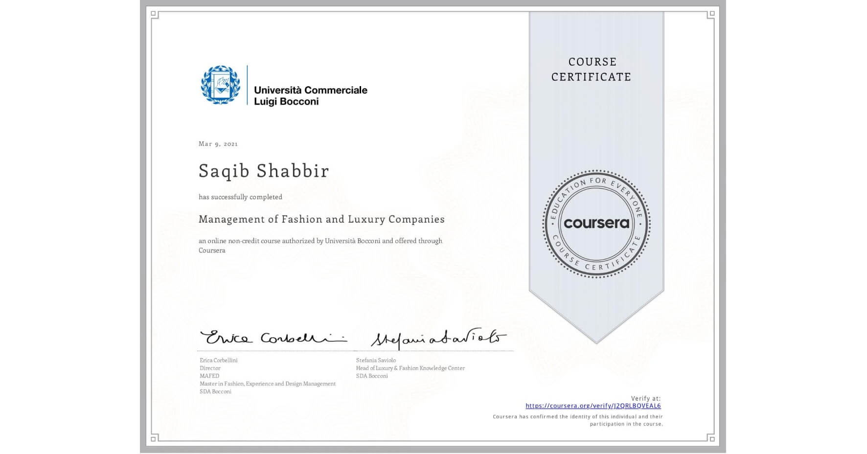 Certificate of Completion for Management of Fashion and Luxury Companies