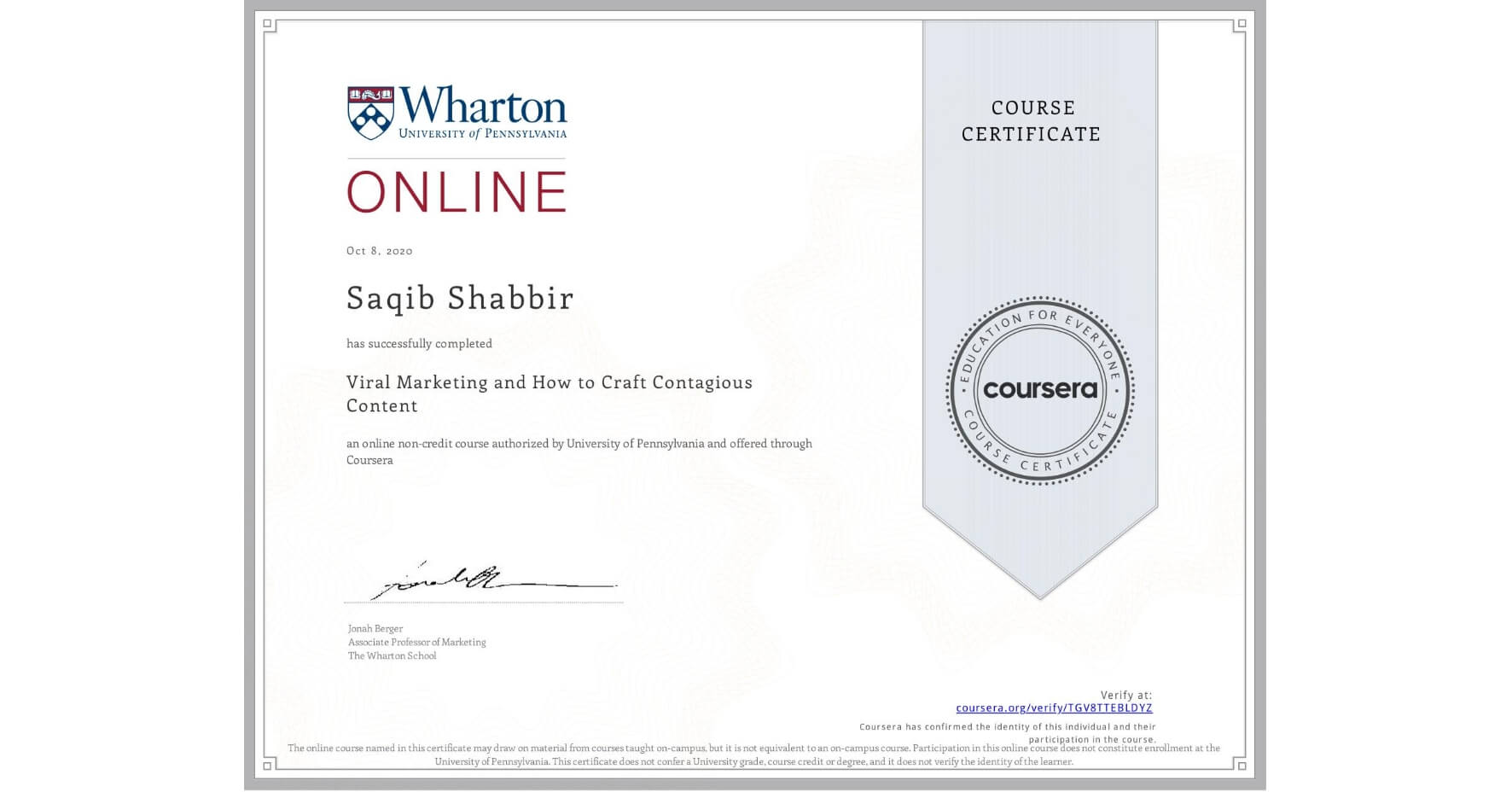 Certificate of Completion for Viral Marketing: How to Craft Contagious Content